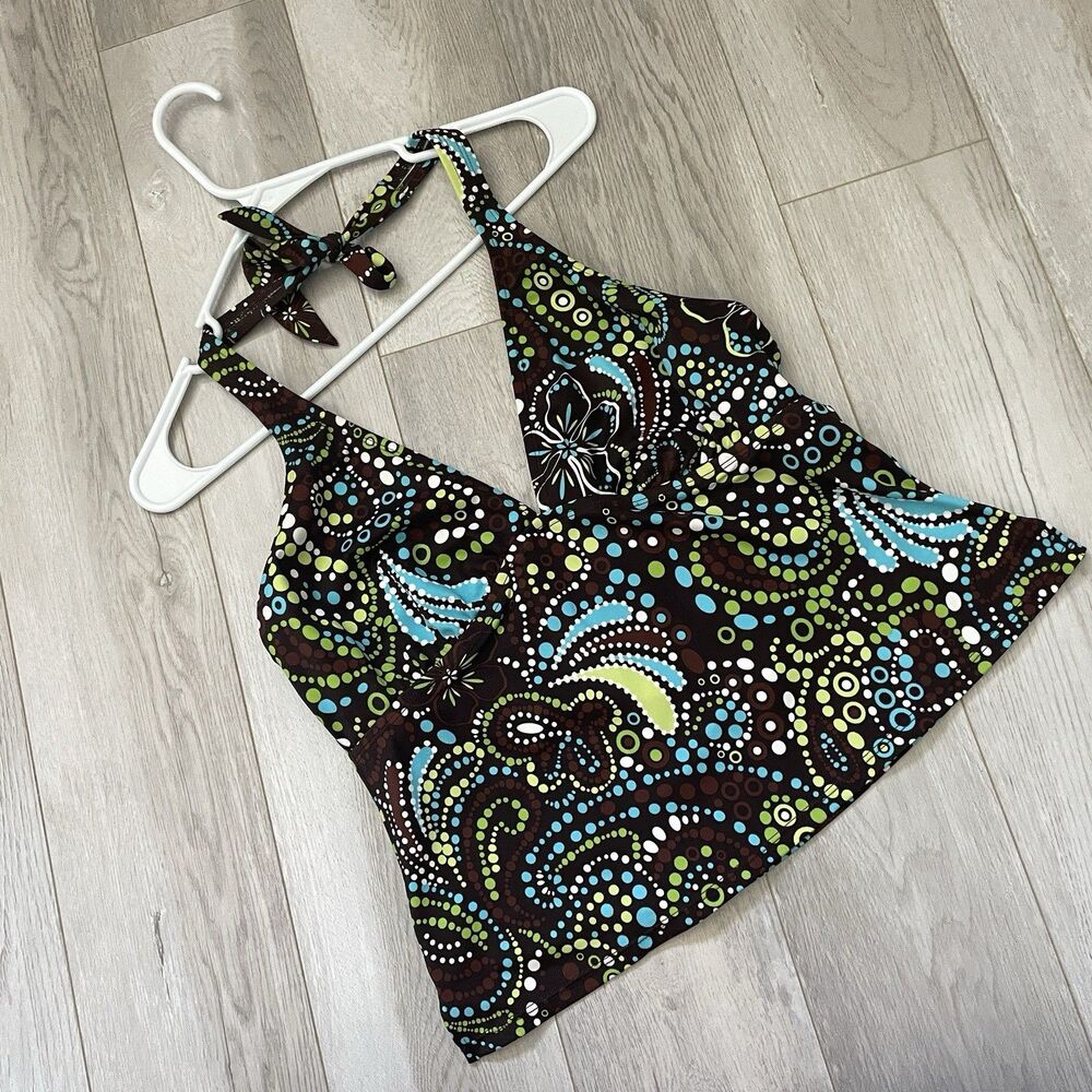 Y2K Hawaiian Tankini printed halter crop swim womens Brown size 16 vintage retro